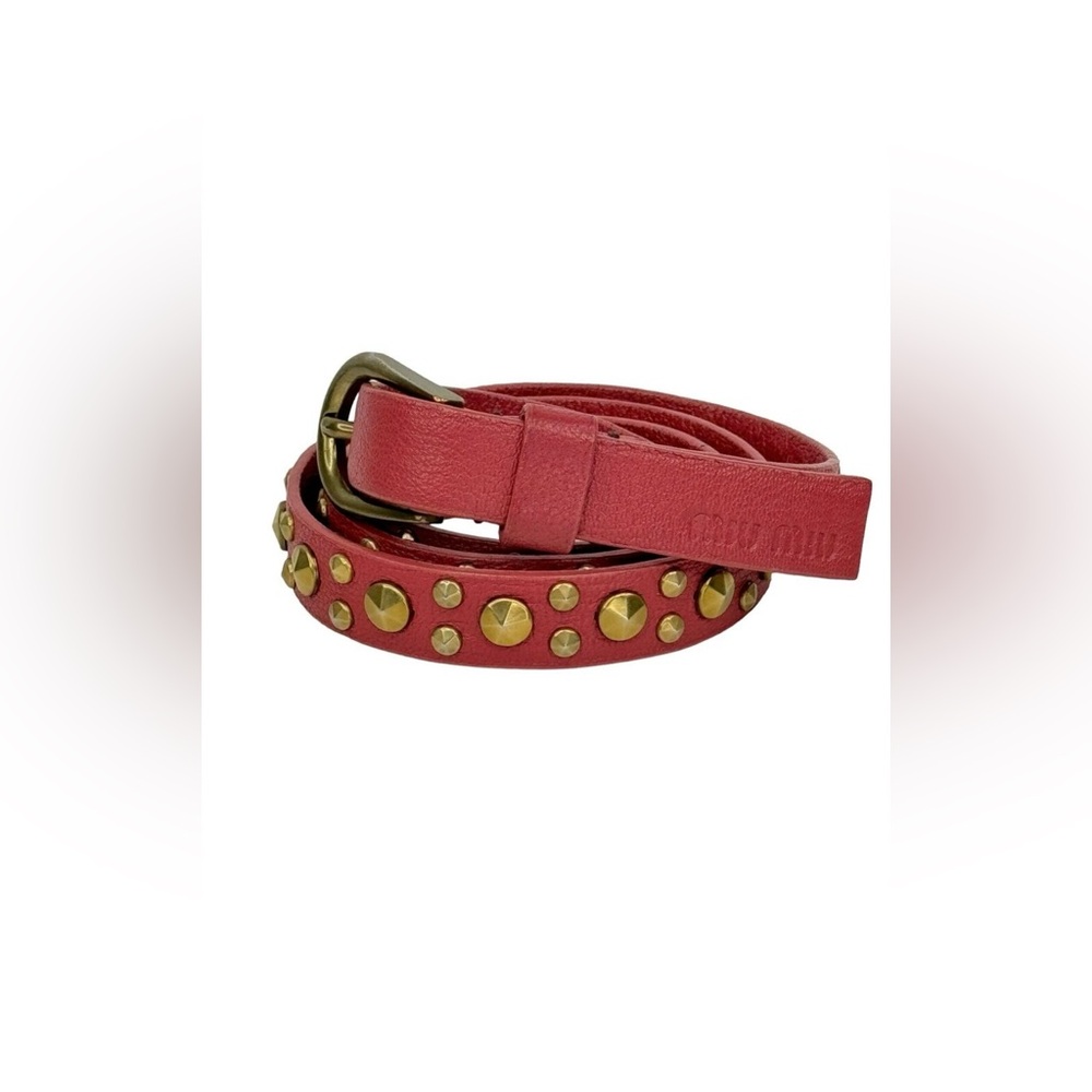 Miu Miu Women’s Studded Belt Skinny Pink Leather Gold SZ 90/36 32 -36 3/4” Wide